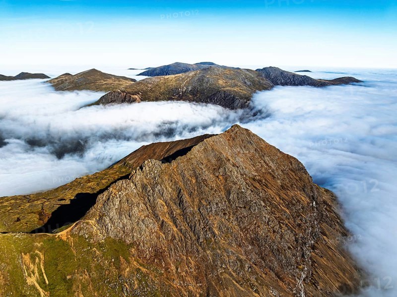Snowdon Massif from a drone, Snowdon Range, Snowdonia, North Wales, UK