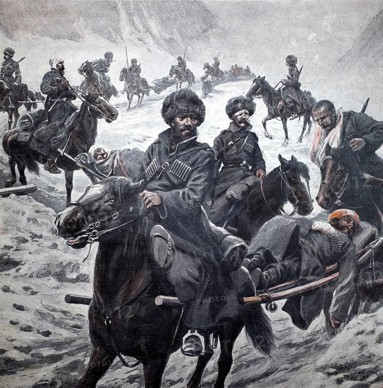 1st World War, Russian wounded transport over the snow-covered heights of Bessarabia, 1915 (original picture text from 1915, original colouring), Illustration, Reproduction from a 19th century original. Authentic, file restored for optimal use, exact date of original unknown, Historical, Russian cavalry riding through snowy mountains in a dramatic historical war scene with movement and intensity