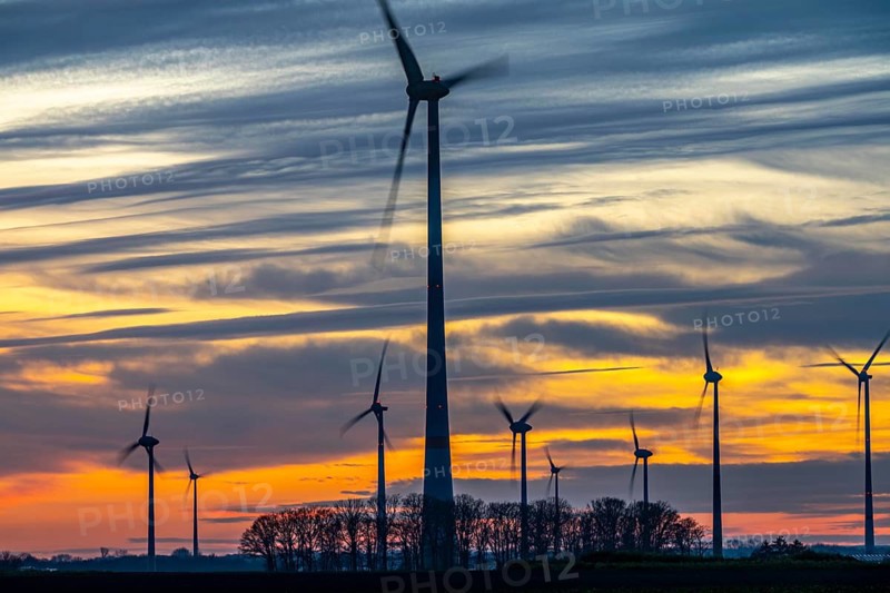 Sunset at Issum wind farm, Lower Rhine, North Rhine-Westphalia, Germany