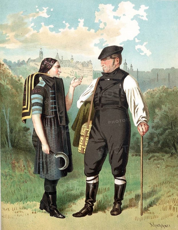Traditional costumes in Germany around 1820, Altenburg, A man and a woman in traditional costumes standing in a meadow with a view of a castle, digitally retouched reproduction of a model from around 1850, by Albert Kretschmer (27 February 1825, 11 July 1891), German painter and traditional costume expert