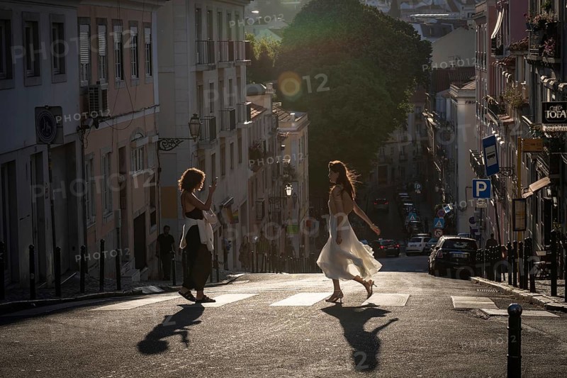 LISBON, PORTUGAL - MAY 20, 2025: Women taking a photoshoot with their smartphone at a pedestrian crossing in Lisbon, Portugal