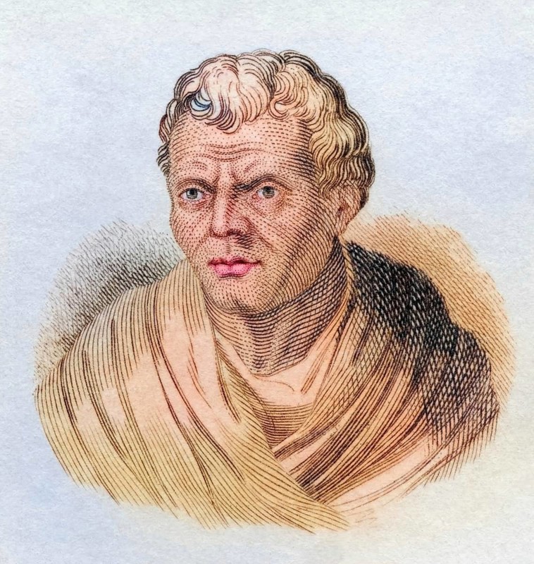 Menander, Meandros, (born 342/341 BC in Cephisia, died 291/290 BC) was a Greek comic poet, coloured woodcut from Crabbe's Historical Dictionary from 1825, Historical, digital reproduction
