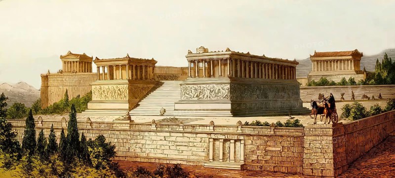 Trajan Temple in the ancient city of Pergamon, today the city of Bergama, Turkey, historical graphic representation, 1896
