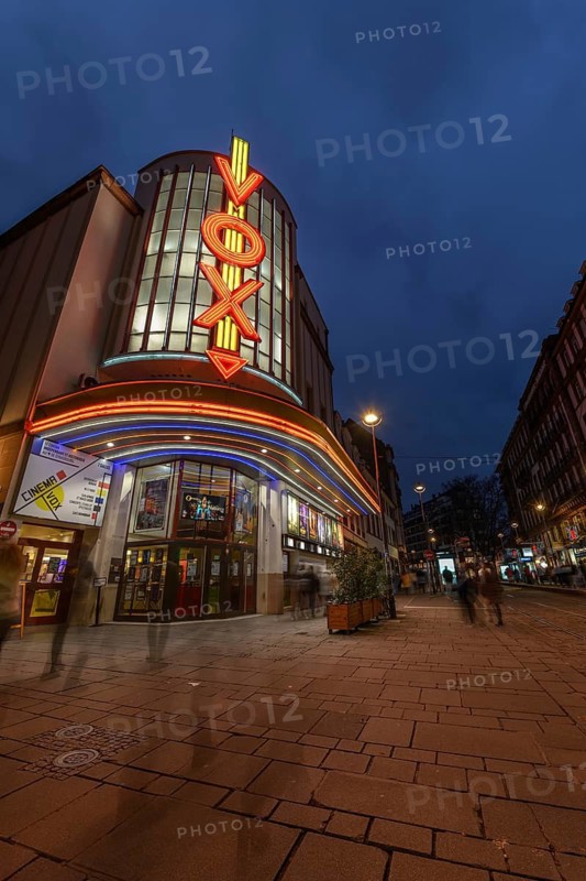 The Vox cinema in Strasbourg is illuminated at night. Bas-Rhin, Alsace, Grand Est, France