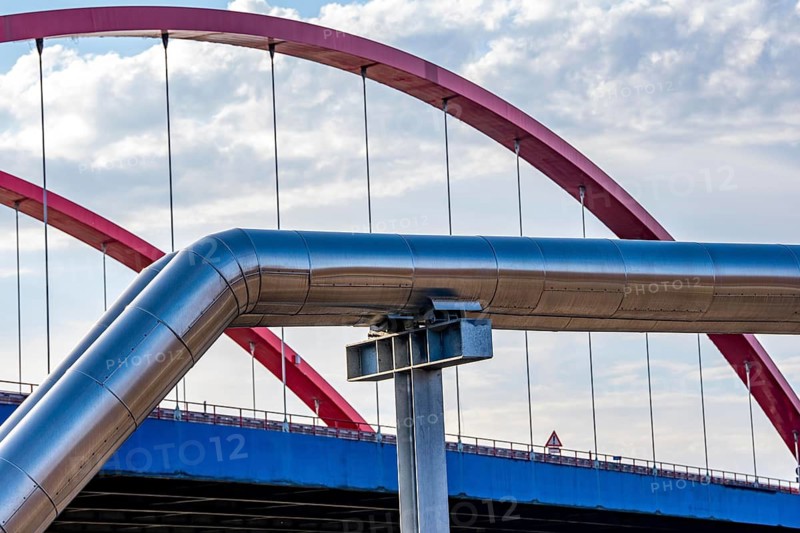 Iqony district heating pipes at the city port, crosses the Rhine-Herne Canal in Essen, A42 motorway bridge, North Rhine-Westphalia, Germany