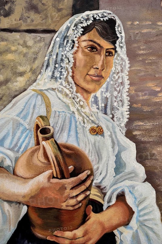 Sardinian Mural painting, peasant woman with wine jug, Mural, Thieri, Sardinia, Italy