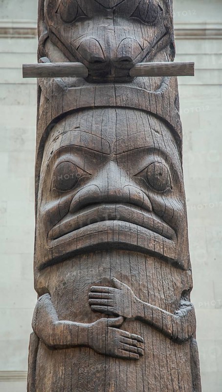 Wooden figure, detail of totem pole from 1850 in British Columbia, Canada in British Museum, London, England, United Kingdom, UK, Great Britain