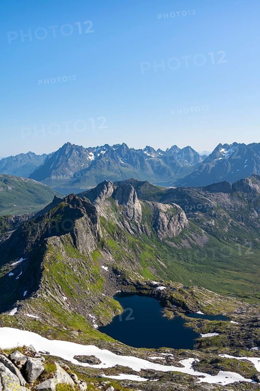Mountains and fjord landscape, view from the summit of Rundfjellet, Lake Hellskarvatnet, Svolvaer, Nordland, Norway