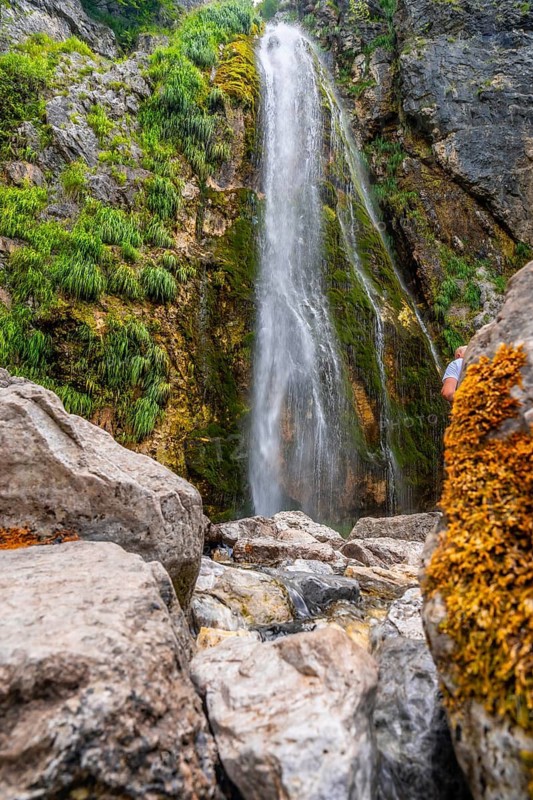 Detail of Grunas waterfall in Theth national park in summer, Albania. Albanian alps