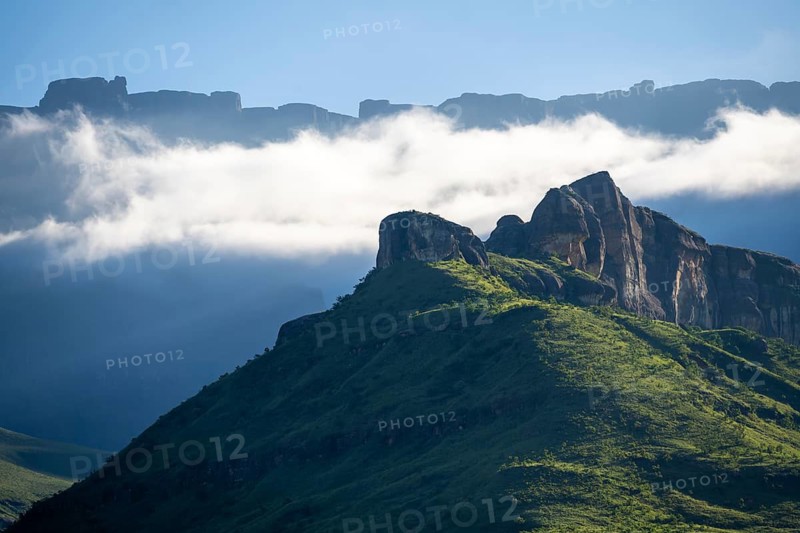 Mountains in fog, Royal Natal National Park, Drakensberg, Kwa Zulu Natal, South Africa