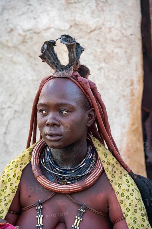 Married Himba woman with traditional headdress, portrait, traditional Himba village, Kaokoveld, Kunene, Namibia