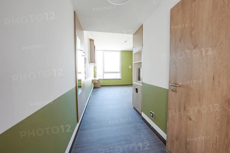 A bright, minimalistic corridor with wooden doors and green walls, optional patient room in the new hospital, Calw, Germany