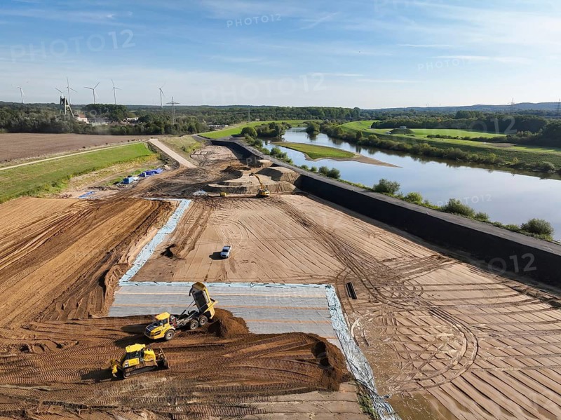 Haltern-Marl, North Rhine-Westphalia, Germany - Lippe, flood protection in the Haltern-Lippramsdorf-Marl area (HaLiMa) . Flood protection on the River Lippe by relocating the dyke and thus extending the floodplain. Rear left: excavation site of the former shaft 8 of the Auguste Victoria colliery