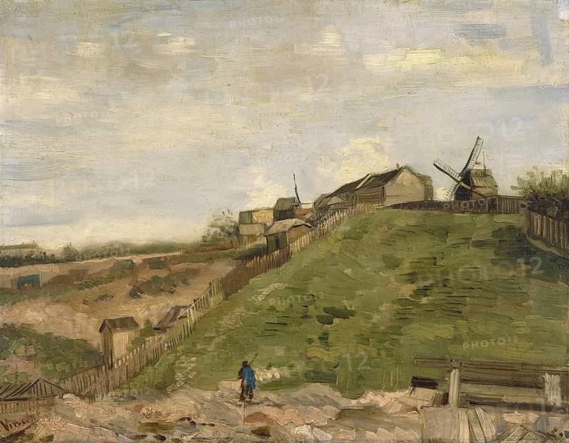 The hill of Montmartre with stone quarry (1886), Painting by Vincent Willem van Gogh (born 30 March 1853 in Groot-Zundert, died 29 July 1890 in Auvers-sur-Oise), Dutch painter and draughtsman, one of the founders of modern painting, Illustration, Reproduction from a painting. Authentic, exact date of the original unknown, Historical, Impressionist depiction of a hill with a mill and village in the background under a cloudy sky
