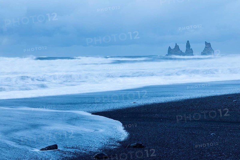Reynisdrangar pinnacles, lava sandy beach, waves sea, snow, winter, Vik, Iceland, Scandinavia