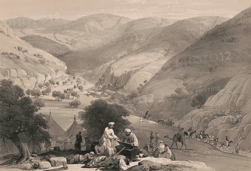 The third descent through the Siri-Kajaur Pass, Baluchistan, Pakistan, First Anglo-Afghan War, sketch by James Atkinson, 1840