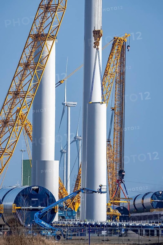 The seaport of Eemshaven, Julianahaven Basin, is where the components, rotors, tower components, technical gondolas, for offshore wind farms, which are then assembled into actual wind turbines, the components are transported to the wind farms in the North Sea with large working vessels and assembled there, Eemshaven, the Netherlands