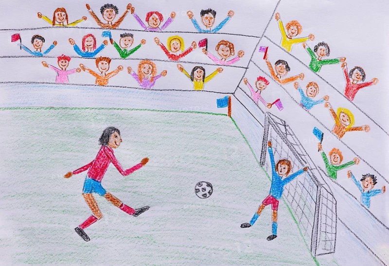 Naive illustration, soccer game with stadium and audience