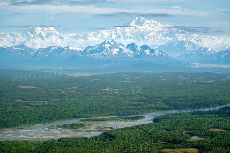 Aerial view, Mt Denali with river and forest, Alaska Range, Denali National Park, Alaska, USA