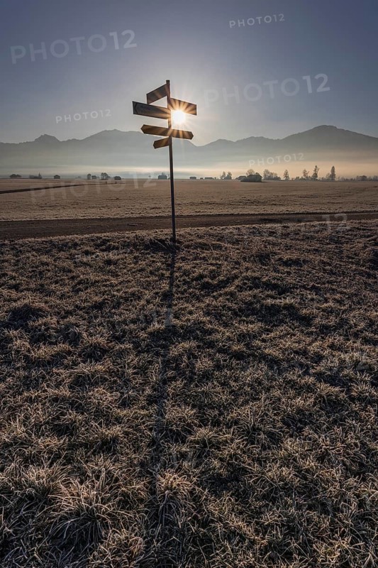 Signpost, signpost, hoarfrost, sun, backlight, mountain landscape, winter, Loisach-Lake Kochel moor, Alpine foothills, Bavaria, Germany