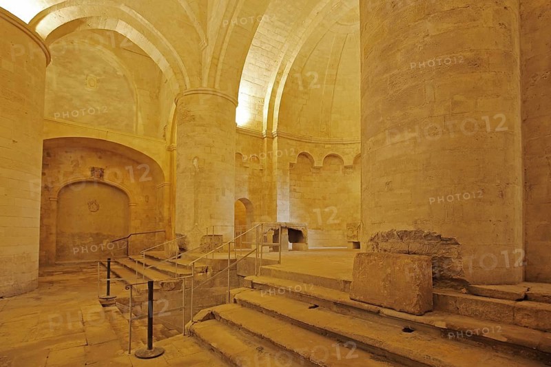 Interior view of the Romanesque church of St. Honorat, Alyscamps, necropolis and ancient Romanesque cemetery, Arles, Bouches-du-Rhône, Camargue, Provence, France