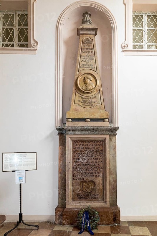 Tomb of Theophrastus Paracelsus at the historic St. Sebastian Cemetery in Salzburg, Austria