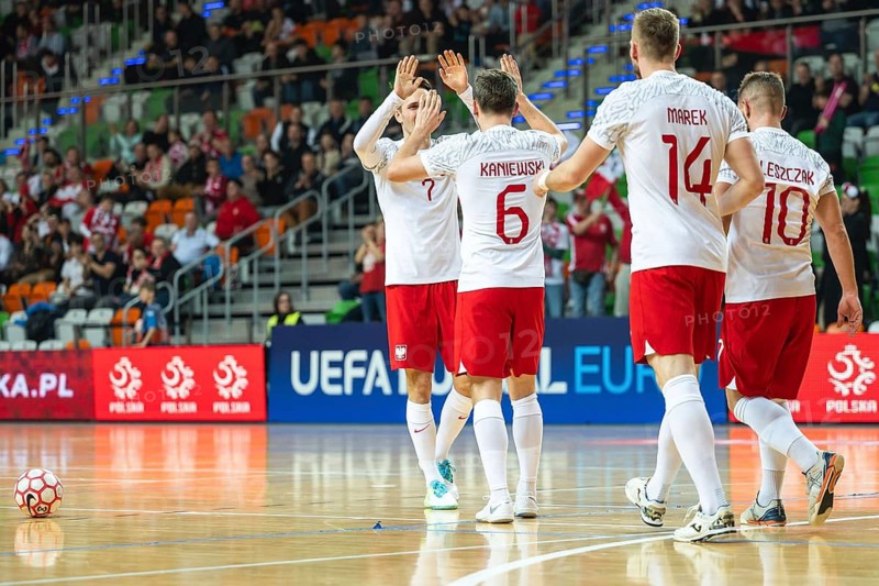 LUBIN, POLAND - MARCH 12, 2025: Futsal match European Championship qualifiers Poland - Moldova 3:0. Joy team of Poland after scoring goal