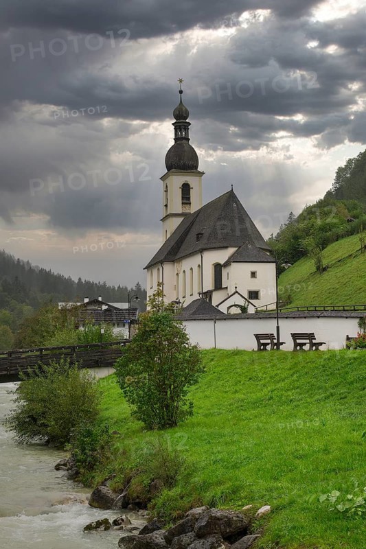 Parish church of St Sebastian, bridge, stream, rainy weather, Ramsauer Ache, Ramsau, Berchtesgadener Land, Upper Bavaria, Bavaria