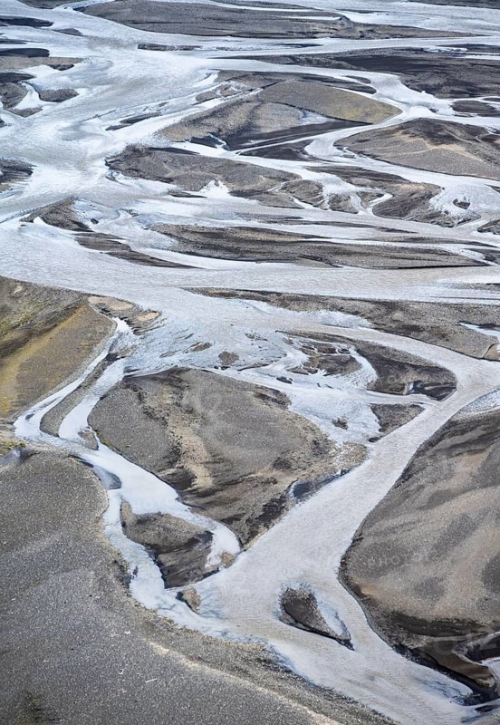 Detail, structure, river course in a gravel bed with black sand, meandering river, Dímonarhellir, Suðurland, Iceland
