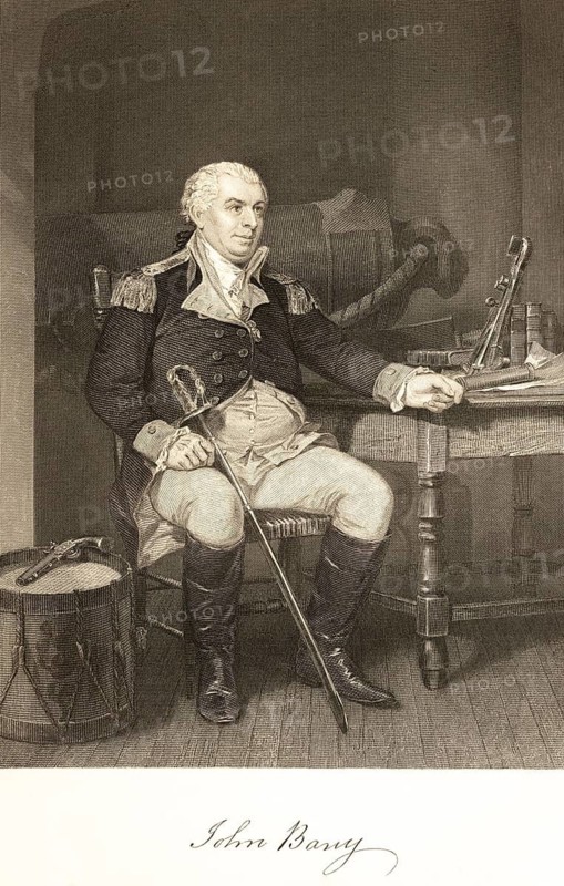 John Barry (1745-1803) naval officer of the Continental Army, first commander-in-chief of the US Navy, room, armchair, sitting, uniform, sword, books, drum, pistol, table, portrait of famous Americans, signature, artist Alonzo Chappel, steel engraving, historical illustration 1862