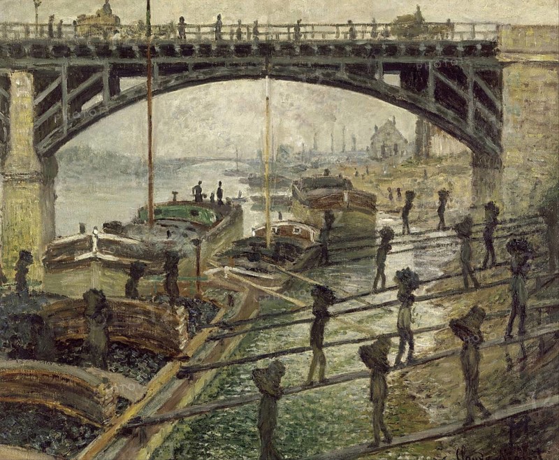 Claude Monet (b. 14 November 1840 in Paris as Oscar-Claude Monet, d. 5 December 1926) important French painter, Impressionist style. Here is his work, The Coalmen (circa 1875), Industrialised river view with workers and ships under a bridge in a busy scene
