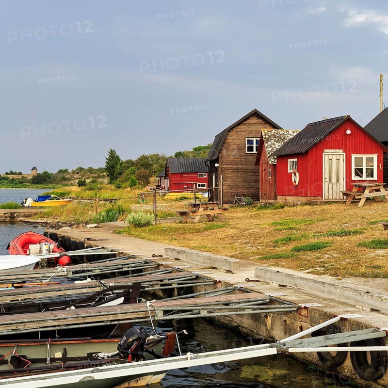 Fishing huts, fishing spot, Sysne Fiskeläge, historic fishing village with fishing museum, Katthammarsvik, Östergarnland, east coast, island of Gotland, Baltic Sea, Sweden