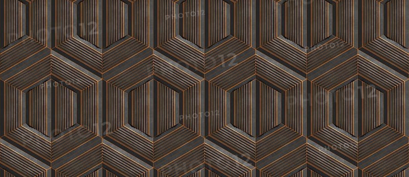 Elegant seamless wallpaper featuring a 3D geometric pattern of hexagons and stripes in dark tones. Ideal for interior design, backgrounds, or stylish modern walls