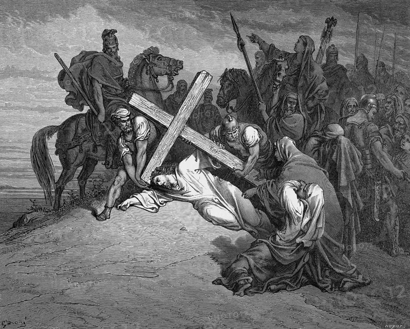 Jesus on Calvary, John chapter 19, verse 17, carrying the cross, Golgate, Roman soldiers, rider, load, exhausted, ground, lying, skull place, torture, lanten, weapons, carrying, Christian religion, Bible, New Testament, steel engraving Doré, historical illustration 1885