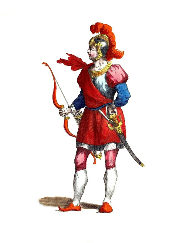 Historical clothing, fashion over time, clothing of a Norman in the year 1066, digitally restored reproduction of a model from the 18th/19th century, exact date unknown, A Norman warrior in red robes holds a bow and wears a helmet