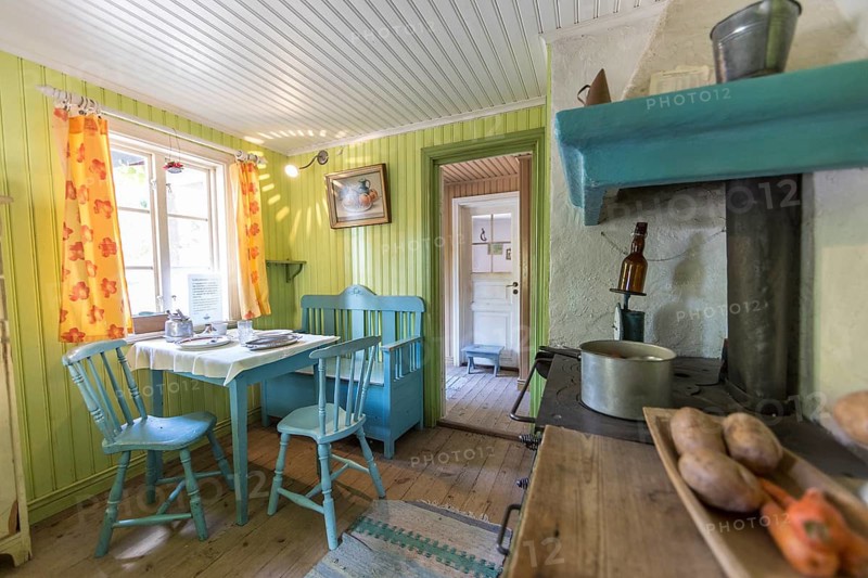 Kitchen in the replica house of Petterson and Findus based on a children's book by Sven Nordqvist, Julita gård open-air museum around the Julita manor house in Julita, Södermanlands län, Sweden