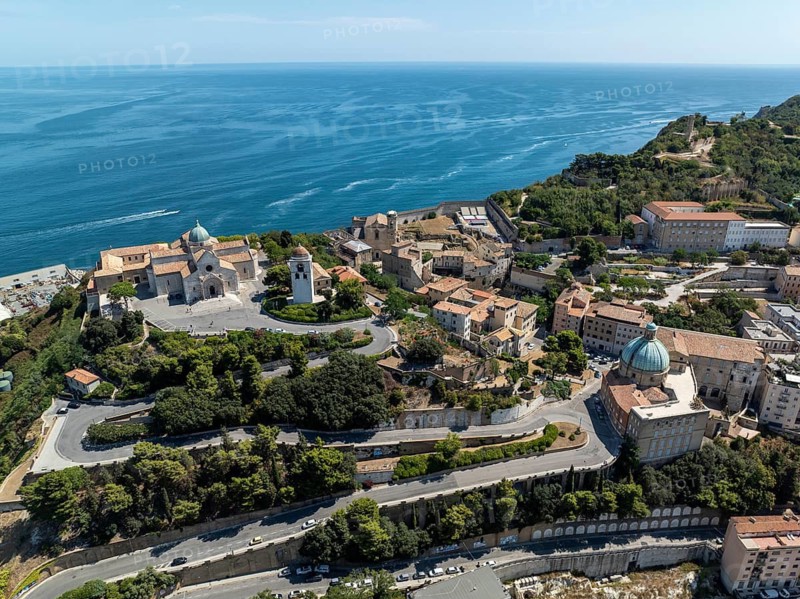 Aerial photograph showcasing the historical architecture of Ancona, Italy. The vibrant seaside town, nestled along the Adriatic coast, offers stunning views and cultural heritage