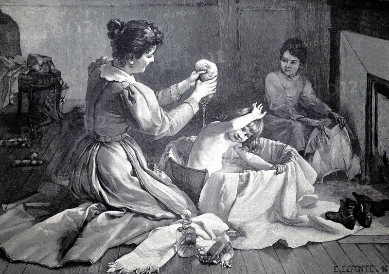 Bathing day, little girl in a washing tub, the mother washing the child with a sponge, 1896, illustration, reproduction from a model from the 19th century. Authentic, file restored for optimal use, exact date of submission unknown, Historical, one mother bathes her child while another one watches. The scene conveys home warmth