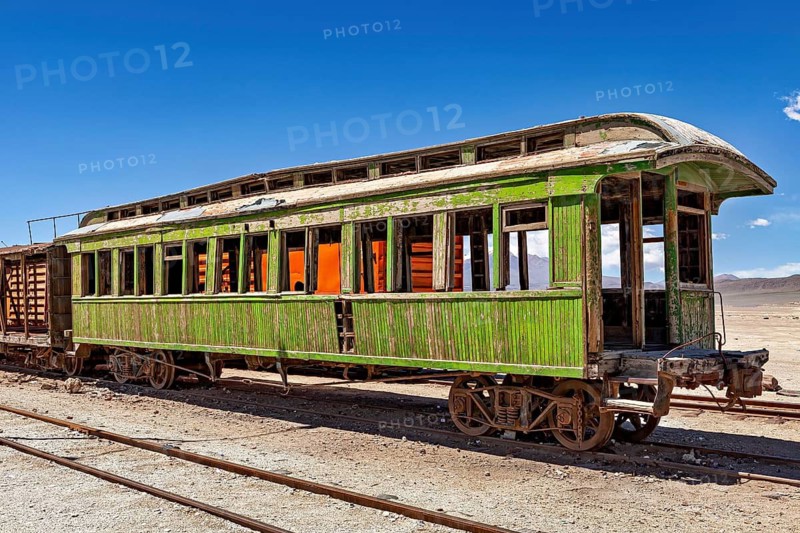 Rusty green passenger car stands alone on rails in a barren desert environment, railroad cars in the town of Ollagüe in the Chilean Atacama Desert