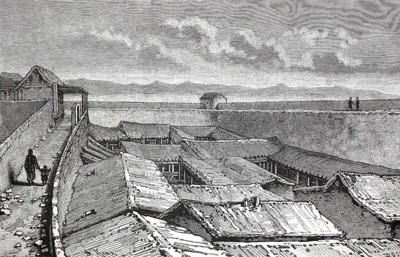 This historical illustration shows a street within the city walls of Canton, illustrating the dense development and architecture within the old fortress walls, c. 1860, China, from the Sosnovsky Voyage through China, The Sosnovsky Expedition (1874-1875) was a major Russian exploration and trade mission to China. Its aim was to open up new land routes for trade, and to examine the economic prospects, Illustration, Reproduction from a 19th century original. Authentic, file restored for optimal use, exact date of original unknown, Historical