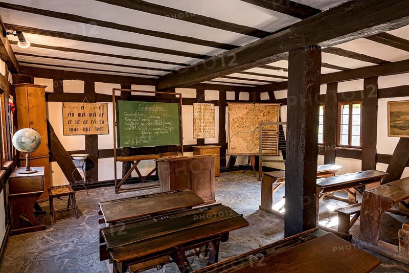 Classroom with blackboard and school desk, historical school, interior, house from Frickhofen, Hessenpark Open-Air Museum, Neu-Anspach, Taunus, Hesse, Germany