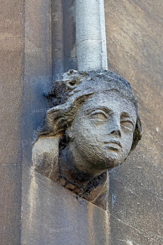 Head carved in stone on a building wall, gutter, Oxford, England, Great Britain