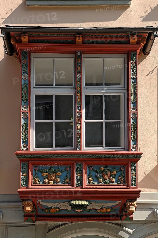 Artfully carved bay window of a town house, Marktgasse 17, St. Gallen Switzerland