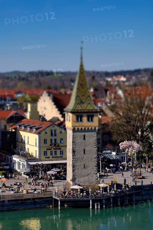 View from New Lighthouse to Old Town, miniature view, toy view, tilt-shift effect, Lindau, Bavaria, Lake Constance, Germany