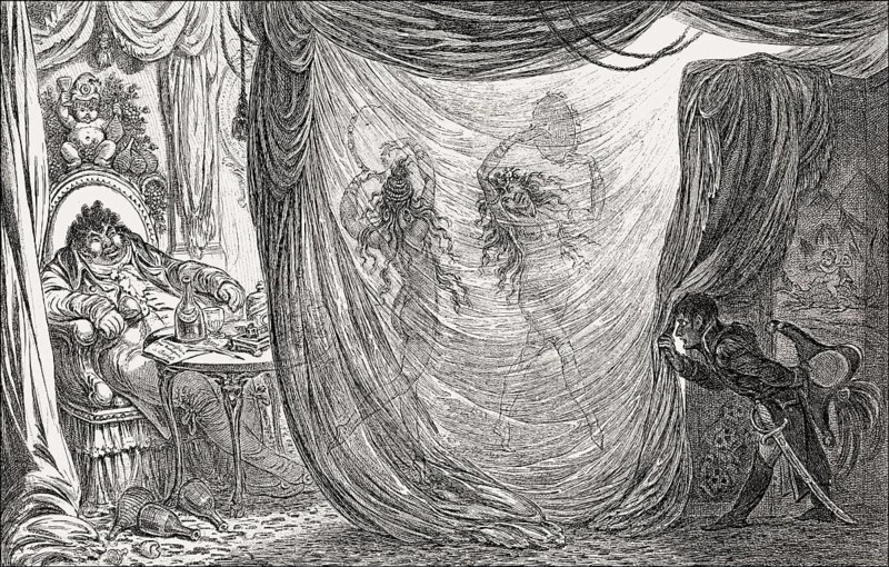 The Previous Profession, Caricature on Napoleon I Bonaparte, Joséphine de Beauharnais and Thérésa Cabarrus, Madame Tallien dance before Paul-François-Jean-Nicolas, Vicomte de Barras