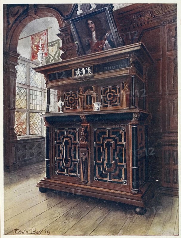 Furniture around the turn of the century 1900, A cabinet of oak and walnut, with ebony panels and columns, inlaid with rosewood and ivory engraved (1910, 1911), A cabinet of oak and walnut, with ebony panels and columns, inlaid with rosewood and ivory engraved (1910, 1911) .jpg