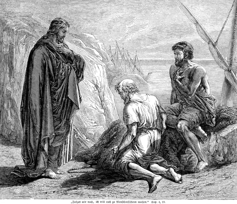 Follow me, I want to make you fishers of men, chapter 4, verse 19, Matthew Gospel, Jesus, Sea of Galilee, Sea of Galilee, brothers, Peter, Simon, fishermen, fishing nets, boats, shore, New Testament, Bible, historical illustration 1850