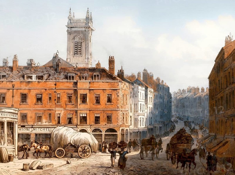 Holborn Hill, corner of Snow Hill, Farringdon Street on the left and St. Andrew's Church in the background, London, UK, 1830