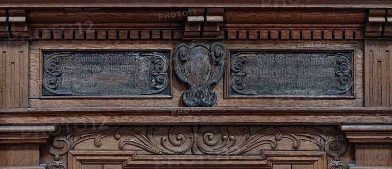 Detail of the craftsman's chair or alms chair from 1647, St. Lawrence Church, Nuremberg, Middle Franconia, Bavaria, Germany