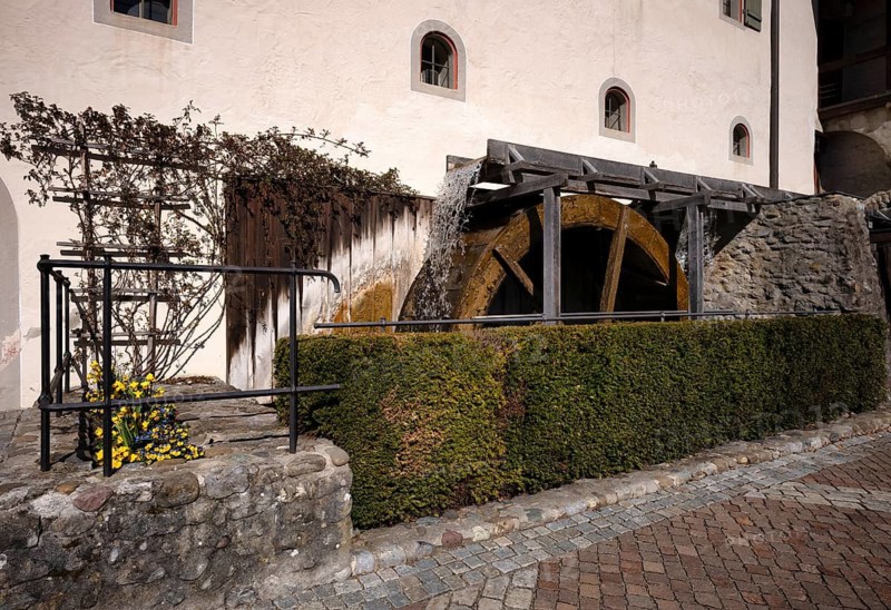 Water wheel, mill wheel, mnemonic in front of the municipal museum and cheese making museum, old town, Wangen im Allgäu, Bavaria, Germany